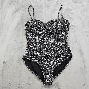 Catalina Swimsuit Womens L Black White Polka Dot Twist Front Ruched One Piece